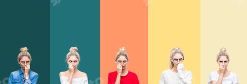 Preview: Collage Of Young Beautiful Blonde Woman Over Vivid Colorful Vintage Stripes Isolated Background