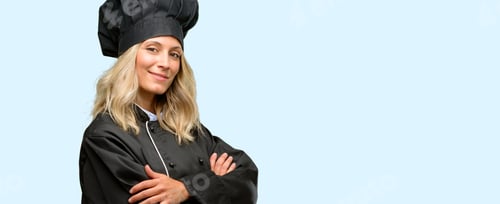 Preview: Beautiful Cook Woman Chef With Crossed Arms Confident And Happy With A Big Natural Smile Laughing