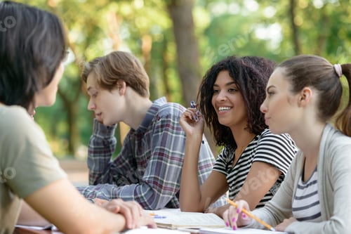 Preview: Image Of Multiethnic Group Of Smiling Young Students Sitting And Studying Outdoors While Talking