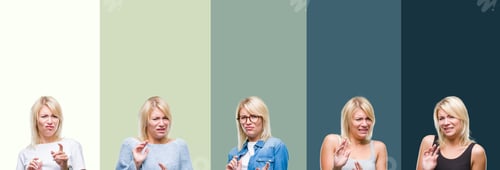 Preview: Collage Of Beautiful Blonde Woman Over Green Vintage Isolated Background Disgusted Expression
