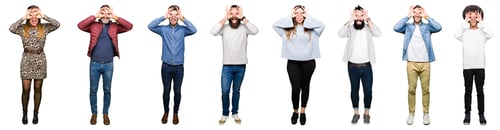 Preview: Collage Of People Over White Isolated Background Doing Ok Gesture Like Binoculars Sticking Tongue