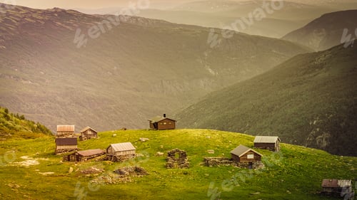 Preview: Norwegian Old Houses Hytte, Mountains Farm. Summer Landscape In Norway, Scandinavia
