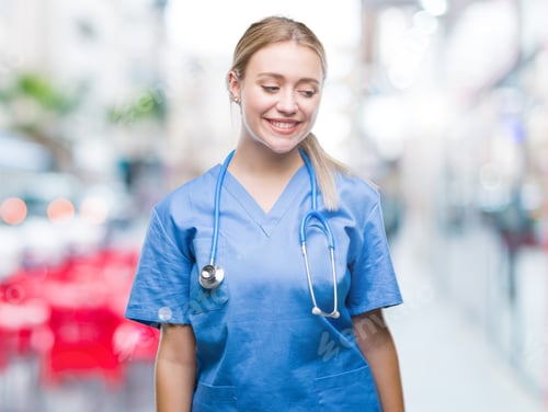 Preview: Young Blonde Surgeon Doctor Woman Over Isolated Background Looking Away To Side With Smile On Face