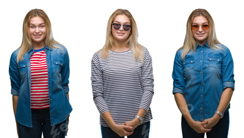 Preview: Collage Of Young Beautiful Blonde Woman Wearing Sunglasses Over White Isolated Backgroud With A