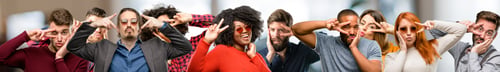 Preview: Group Of People Looking At Camera Through Fingers In Victory Gesture Winking The Eye And Blowing A