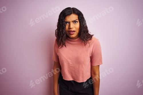 Preview: Young Beautiful Transsexual Transgender Elegant Woman Over Isolated Pink Background Afraid And