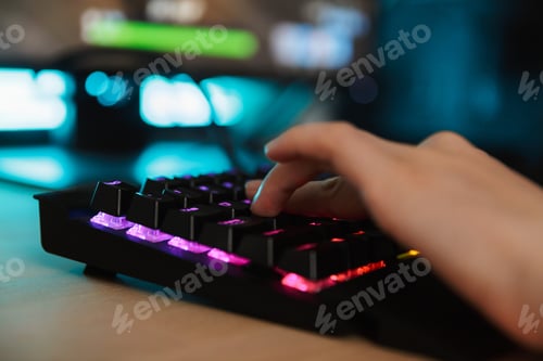 Preview: Close Up Of A Woman'S Hand Typing On A Gamer Keyboard