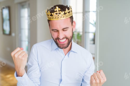 Preview: Handsome Business Man Wearing Golden Crown As A King Or Prince Very Happy And Excited Doing Winner