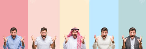 Preview: Collage Of Handsome Young Man Over Colorful Stripes Isolated Background Celebrating Crazy And