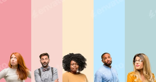 Preview: Cool Group Of People, Woman And Man Doubt Expression, Confuse And Wonder Concept, Uncertain Future