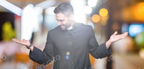 Preview: Young Christian Priest Over Isolated Background Smiling Showing Both Hands Open Palms, Presenting
