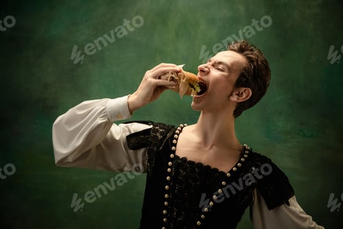 Preview: Young Ballet Dancer As A Snow White'S Character With Burger In Forest. Flexible Caucasian Ballet