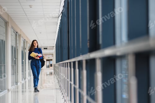Preview: Cheerful Brunette Student Girl With Black Backpack Holds Books In Modern Building. Female Student