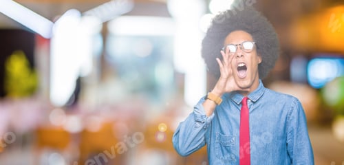 Preview: Young African American Business Man With Afro Hair Wearing Glasses And Red Tie Shouting And