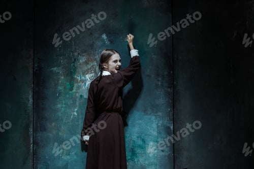 Preview: Portrait Of A Young Smiling Girl In School Uniform As Killer Woman