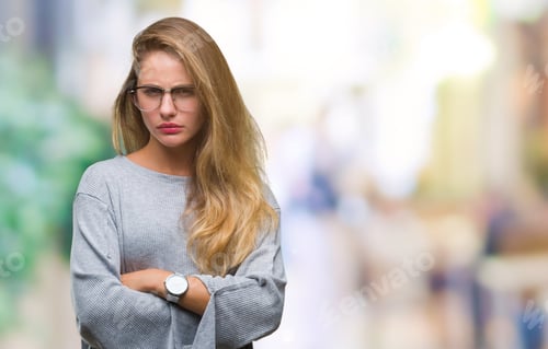 Preview: Young Beautiful Blonde Woman Wearing Glasses Over Isolated Background Skeptic And Nervous
