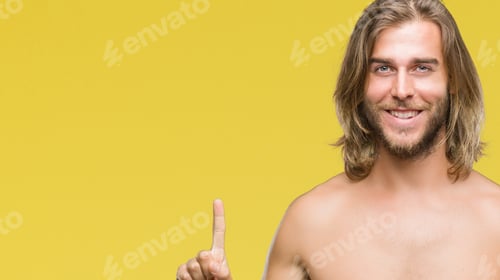 Preview: Young Handsome Shirtless Man With Long Hair Showing Sexy Body Over Isolated Background Showing And