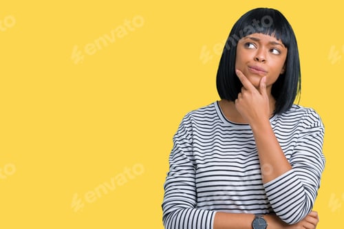 Vista previa: Beautiful Young African American Woman Wearing Stripes Sweater Over Isolated Background With Hand