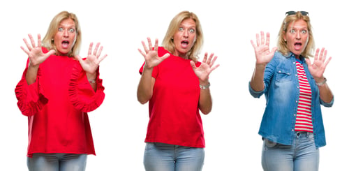 Preview: Collage Of Beautiful Middle Age Blonde Woman Over White Isolated Backgroud Afraid And Terrified