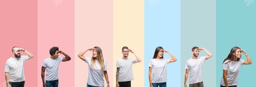 Preview: Collage Of Different Ethnics Young People Wearing White T-Shirt Over Colorful Isolated Background