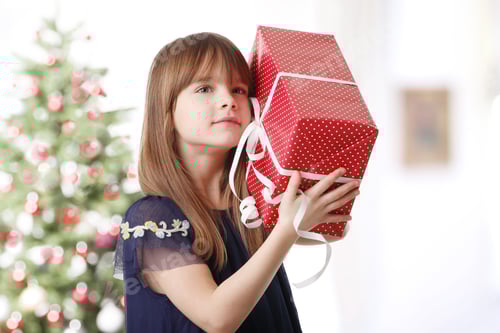 Preview: Girl Holding Christmas Present by Decorated Tree