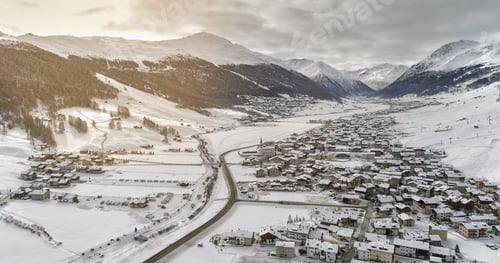 Preview: Aerial View Of Livigno Alps Ski Resort In Winter, Italy. Light Leaks
