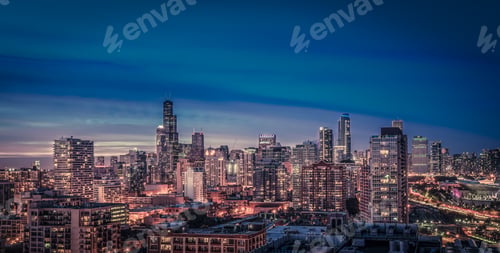 Preview: Chicago Skyline Panorama At Dusk, Scenic Sky