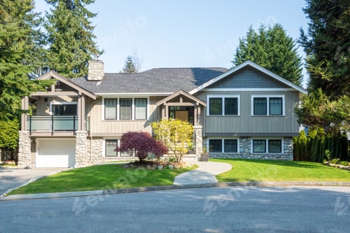 Preview: Luxury House With Beautiful Landscaping On A Sunny Day. Home Exterior.