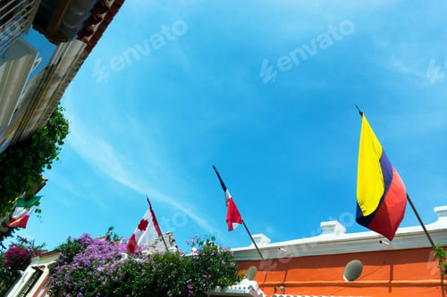 Preview: Rows Of Flags On Colonial Buildings In Cartagena, Colombia