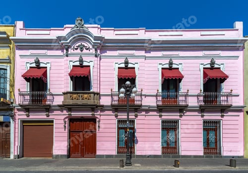 Preview: Facade Of A Beautiful Pink Colonial Building In Puebla, Mexico