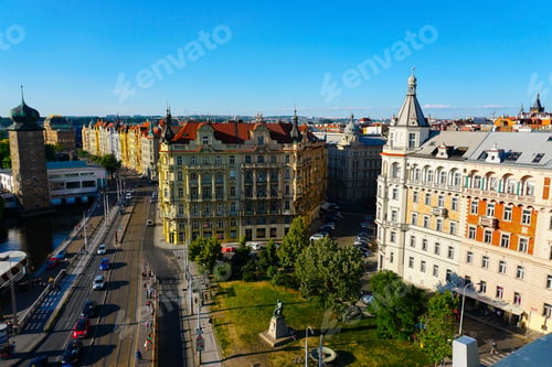 Preview: View Of Prague With Buildings And Road Trafic. Concept Of European Cityscape And Cheap Touristic