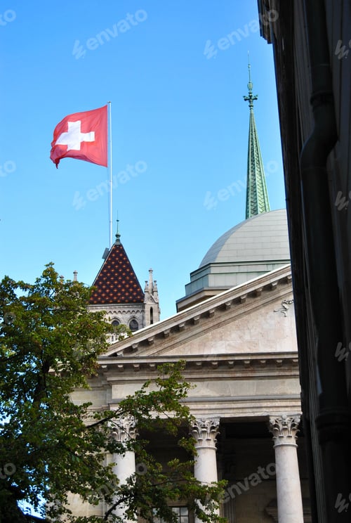 Preview: Genova Switzerland - Swiss Flag On Building. Walk Through Old Buildings In Historic Genova City