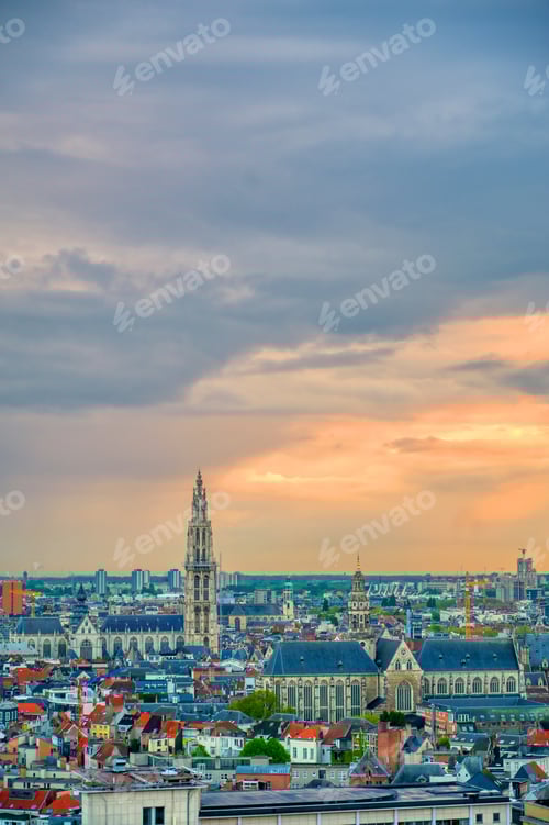 Preview: An Aerial View Of Antwerp, Belgium At Sunset.