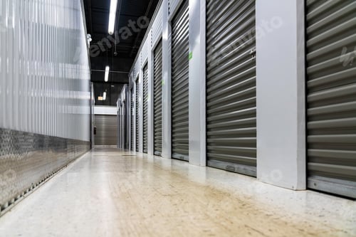 Preview: Self-Storage Warehouse Corridor. Metal Garage Doors With Locks. Low Angle View