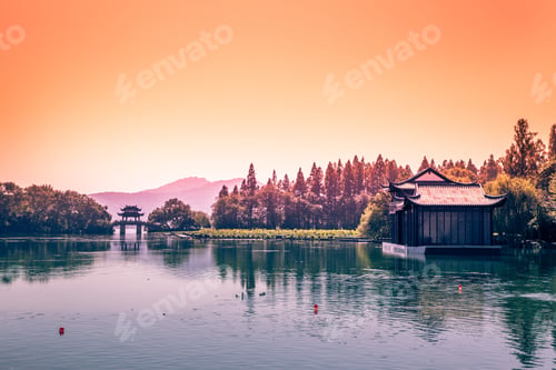 Preview: Traditional Chinese Pavilion Within A Park With Trees, Lotus Plants, Hangzhou West Lake, China