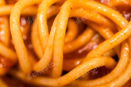 Preview: Extreme Close-Up Macro Photograph Of Spaghetti Noodles With Tomato Sauce.