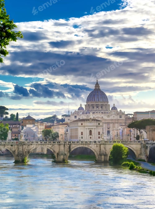 Preview: A View Along The Tiber River Towards St. Peter'S Basilica In Rome, Italy.