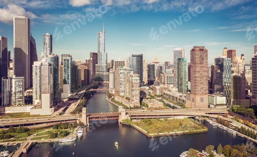 Preview: Chicago Skyline Aerial View With Boat On The River , Vintage Colors