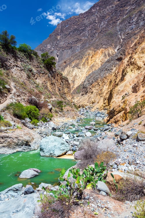 Preview: Vertical View Of A Beautiful Green River In Colca Canyon In Peru
