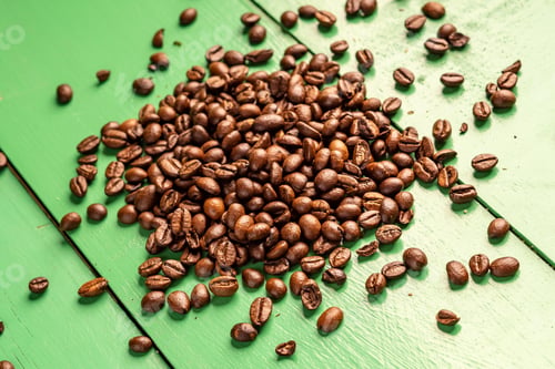 Preview: Roasted Coffee Beans, Green Background, Natural Lens Blur With Small Depth Of Field
