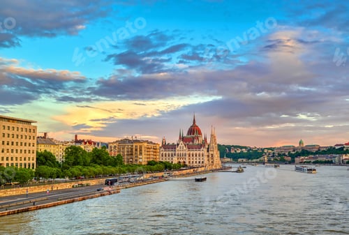 Preview: The Hungarian Parliament Building Located On The Danube River In Budapest Hungary At Sunset.