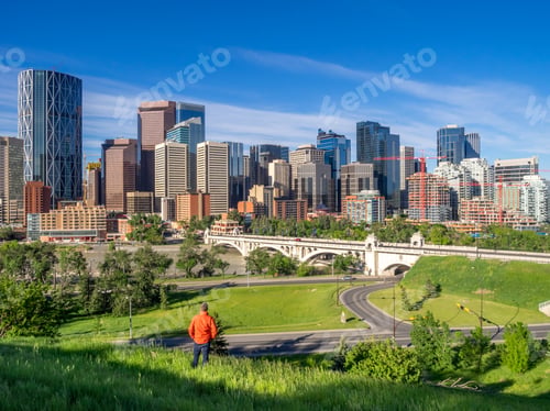 Preview: Calgary Skyline Panorama On A Beautiful Spring Day. Bow River And Centre Street Bridge In The