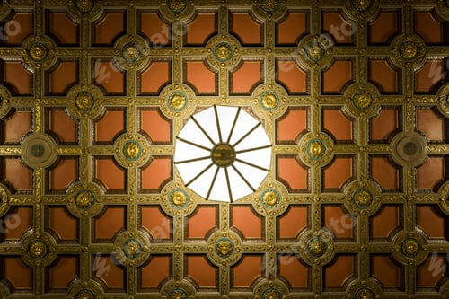 Preview: An Upward View Of A Light Fixture And An Intricate Ceiling In Downtown Cleveland, Ohio.