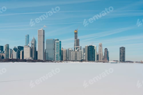 Preview: Chicago Downtown Skyline In Winter Scenery With Snow Covers Lake Michigan