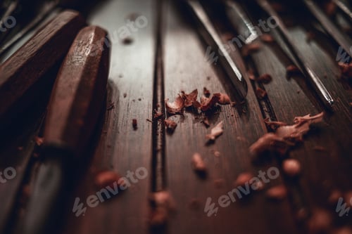 Preview: Woodworking And Crafts Tools. Carpentry Hand Tools On A Workbench. Chisels, Measuring Tools. Wooden