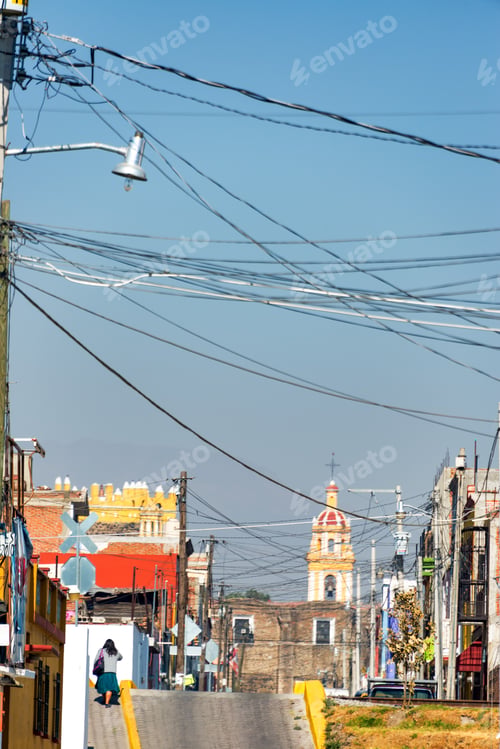 Preview: Street And Powerlines With A Church In The Background In Cholula, Mexico