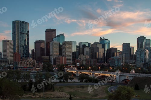 Preview: Calgary Skyline At Night With Bow River And Centre Street Bridge.