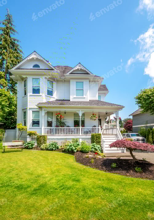 Preview: Luxury House With Beautiful Landscaping On A Sunny Day. Home Exterior.
