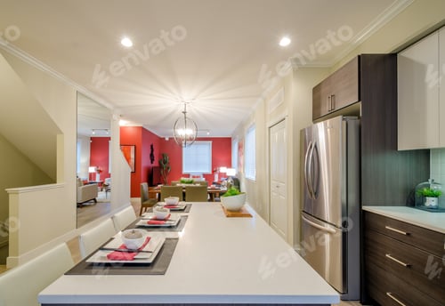 Aperçu: Interior Of A House With Modern Kitchen, Dining Room And Staircase