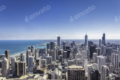 Preview: Downtown Of Chicago Aerial View Against Blue Sky